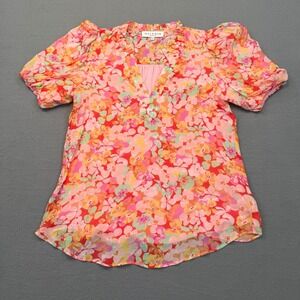 Hale Bob Floral Blouse Womens XS Pink Orange Ruffle V-Neck Puff Sleeve 42YP260A